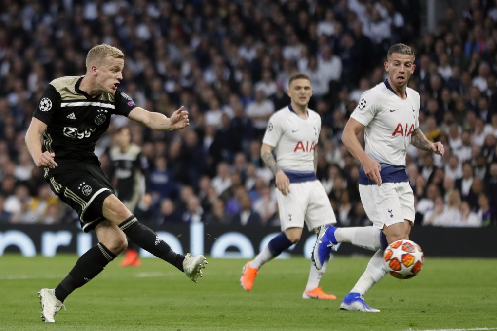 Ajax’s Donny van de Beek scores Ajax’s opening goal during the Champions League semi-final first leg against Tottenham. Photo: AP