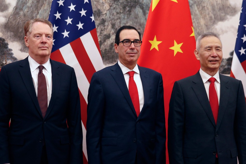From left: US Trade Representative Robert Lighthizer, US Trade Secretary Steven Mnuchin and Chinese Vice-Premier Liu He before the start of their latest round of negotiations aimed at ending the US-China trade war. Photo: AFP
