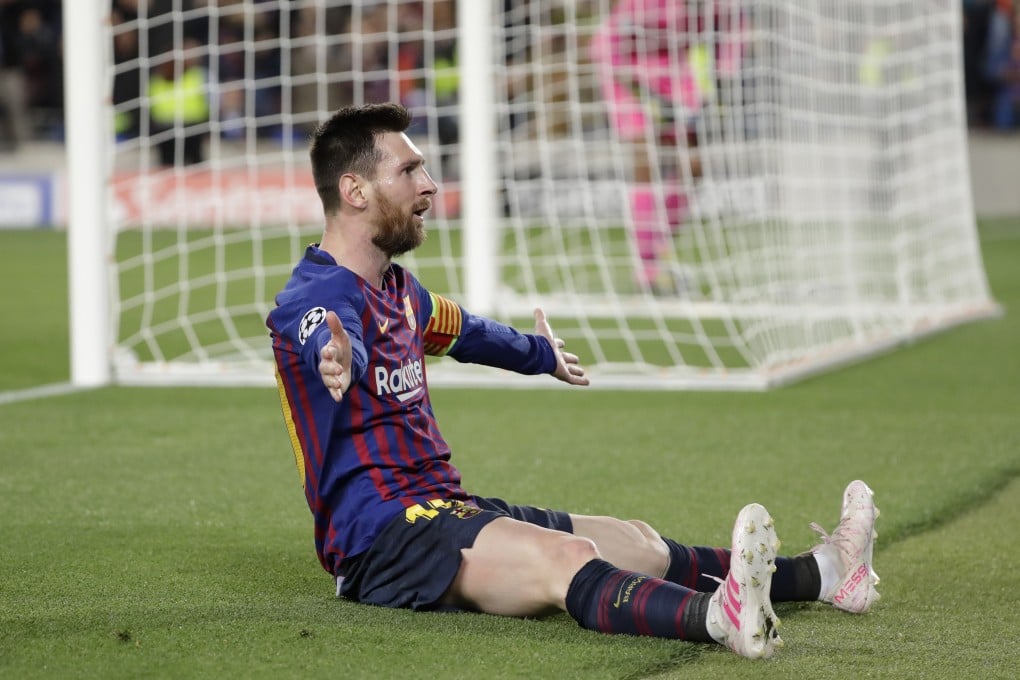 Lionel Messi celebrates scoring Barcelona’s third goal during the Champions League semi-final first leg against Liverpool. Photo: AP