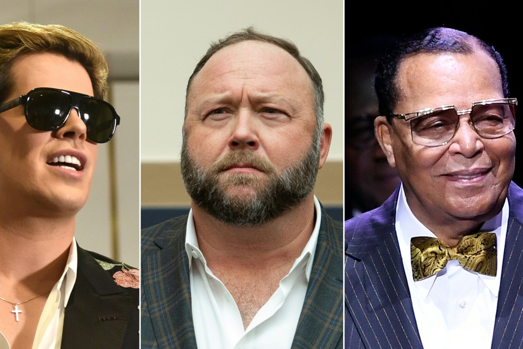 A combination of pictures created on Monday shows right-wing provocateur Milo Yiannopoulos (left), commentator Alex Jones (centre) and religious leader Louis Farrakhan (right). Image: AFP
