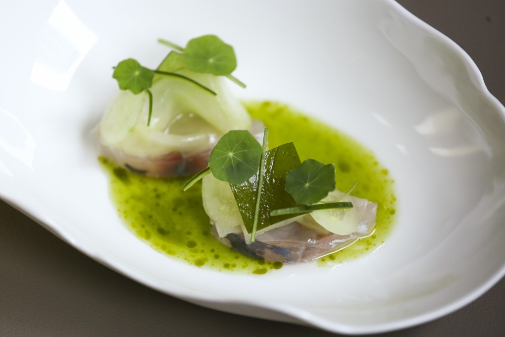 Kombu-cured horse mackerel with celtuce, seaweed, cucumber and wheatgrass sauce. Photo: Jonathan Wong
