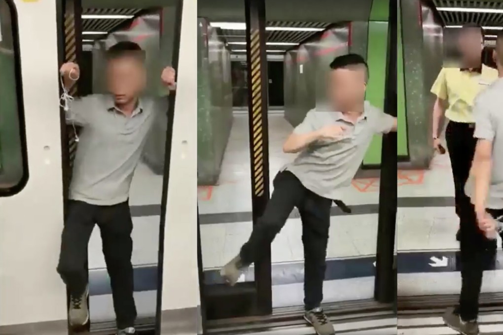 Railway officers called the police after a young man was seen blocking and forcefully opening doors at Lok Fu station. Photo: Facebook