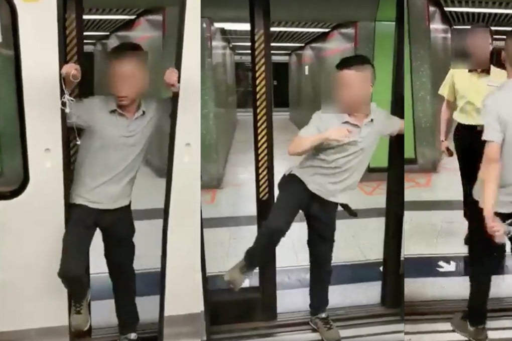 Railway officers called the police after a young man was seen blocking and forcefully opening doors at Lok Fu station. Photo: Facebook