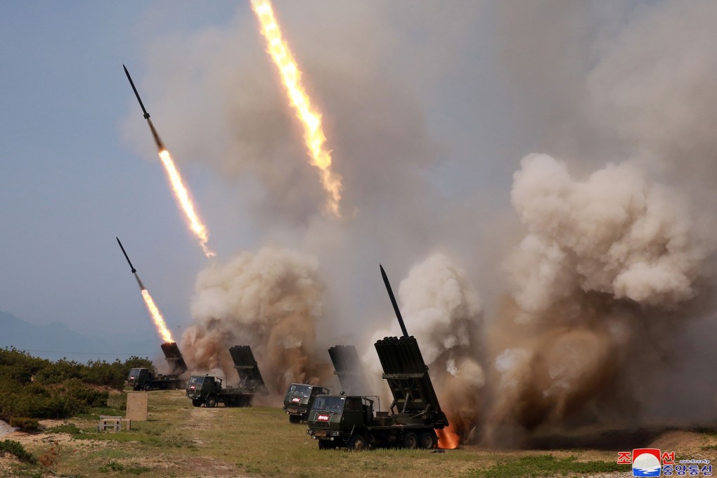 Rocket launchers firing during a test of weapons in an undisclosed location in North Korea on May 4, 2019. Photo: KCNA via AFP