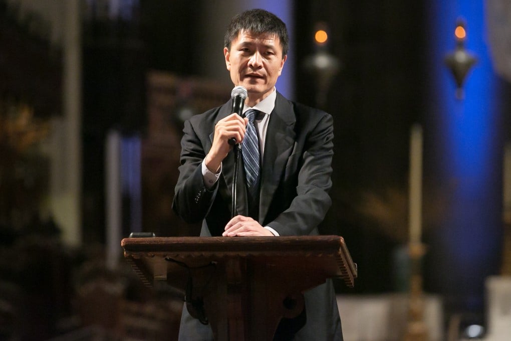 Zhou Fengsuo, a student leader of the democracy movement at Tiananmen Square 30 years ago, speaking at the Cathedral of St John the Divine in Manhattan on Tuesday evening. Photo: Beowulf Sheehan/PEN America