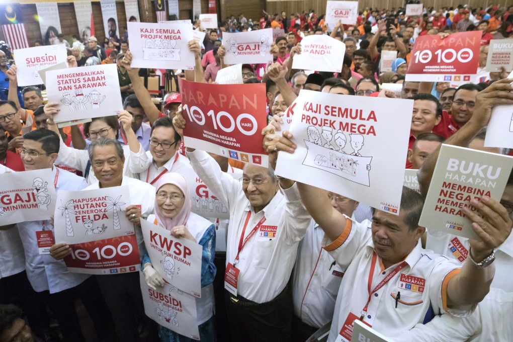 Malaysia’s Prime Minister Mahathir Mohamad displaying Pakatan Harapan’s manifesto in 2018. Photo: AP
