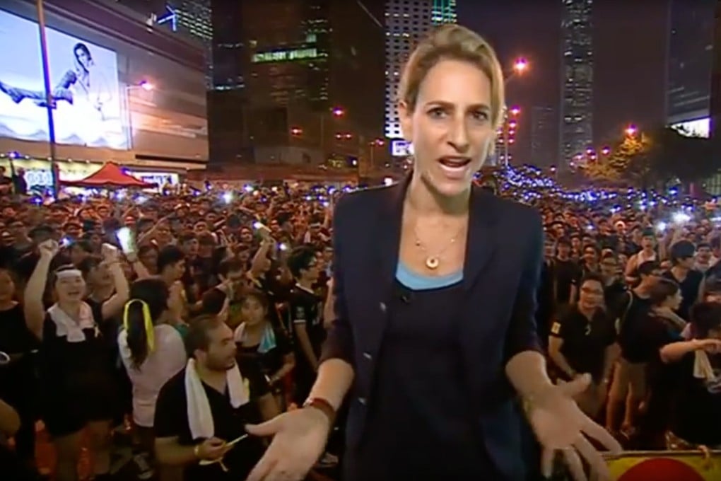 BBC Newsnight presenter Emily Maitlis covering Hong Kong’s “umbrella movement” protests for the BBC, in Admiralty, in 2014. Photo: BBC