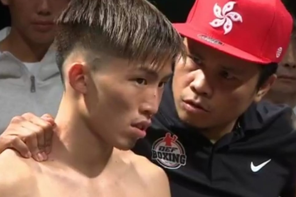 Raymond Poon and trainer Jake Verano moments before their WBO world youth title fight at the Convention and Exhibition Centre. Photo: DEF Boxing