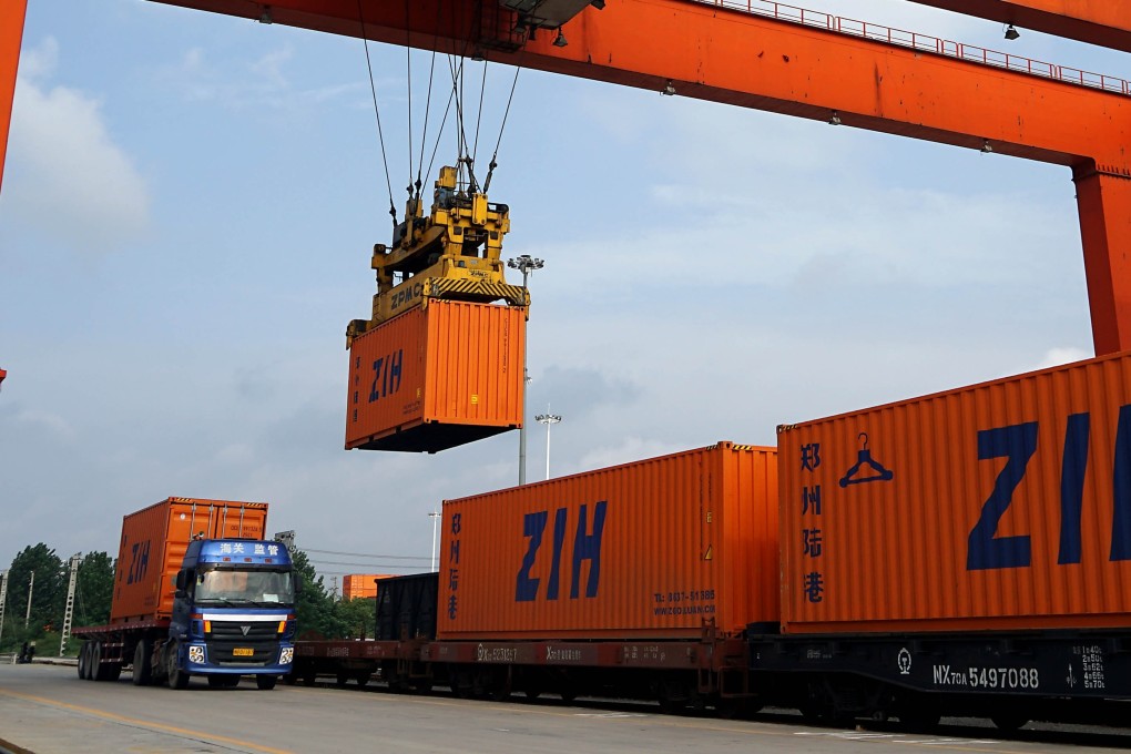 Containers are loaded onto a China-Europe goods train in Zhengzhou, Henan province. The Belt and Road Initiative has made the inland province an emerging frontier of international trade. Photo: Xinhua