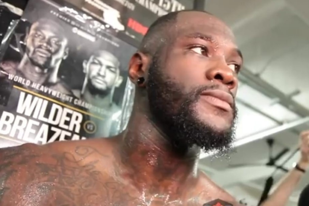 Deontay Wilder speaks to reporters ahead of his WBC heavyweight title fight against Dominic Breazeale in New York. Photo: Fight Hub/YouTube