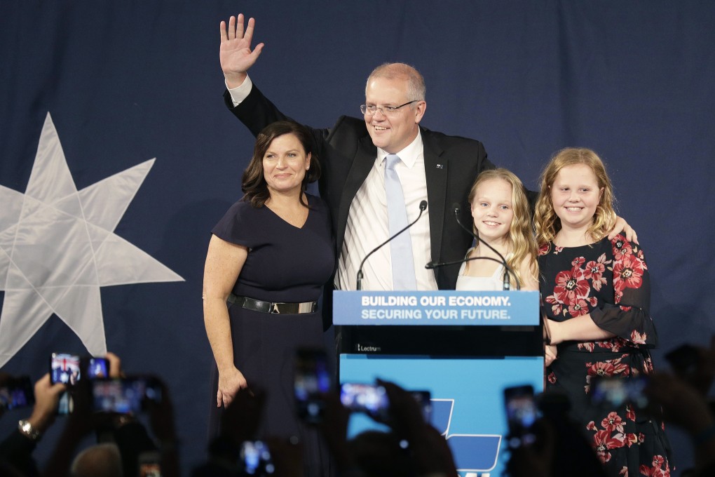 Australian Prime Minister Scott Morrison addresses party supporters in Sydney. Photo: AP