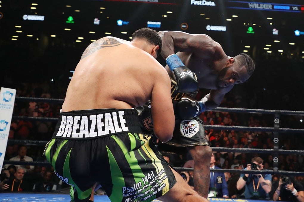 Deontay Wilder knocks out Dominic Breazeale in the first round of their heavyweight title clash in Brooklyn. Photo: AFP
