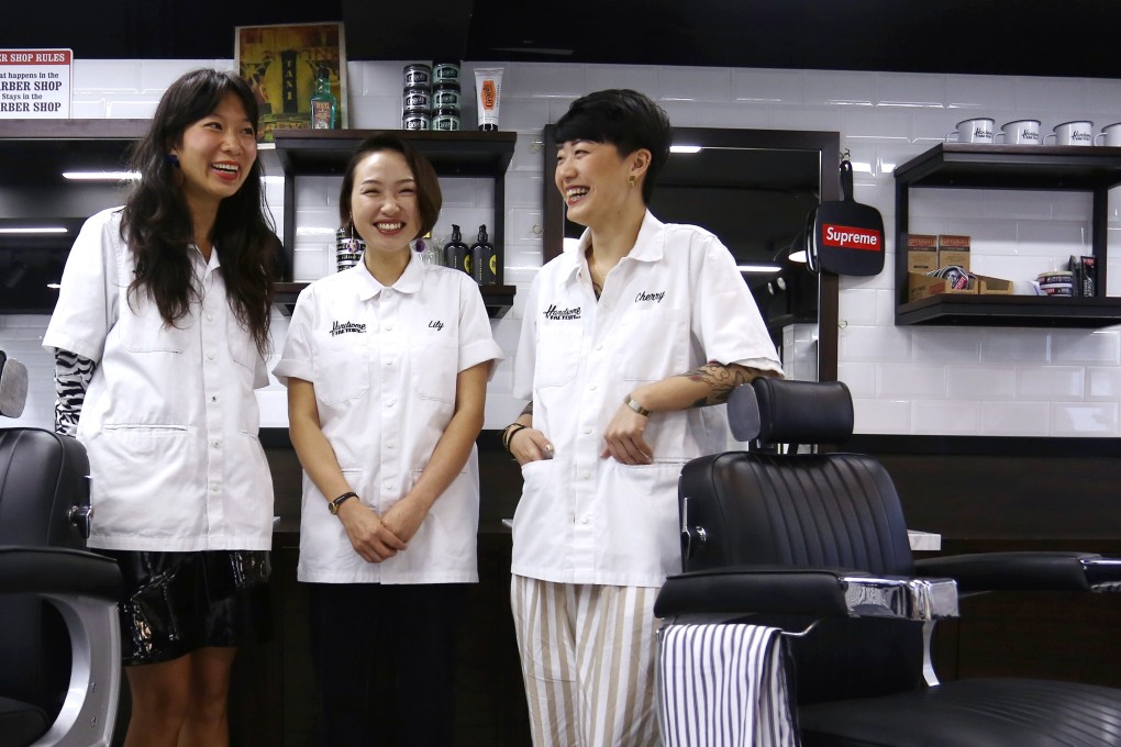 (From left) Barbers Pinky Wallace, Lily Zhai, and Cherry Chung at the Handsome Factory Barber Shop in Wan Chai. Photo: Jonathan Wong