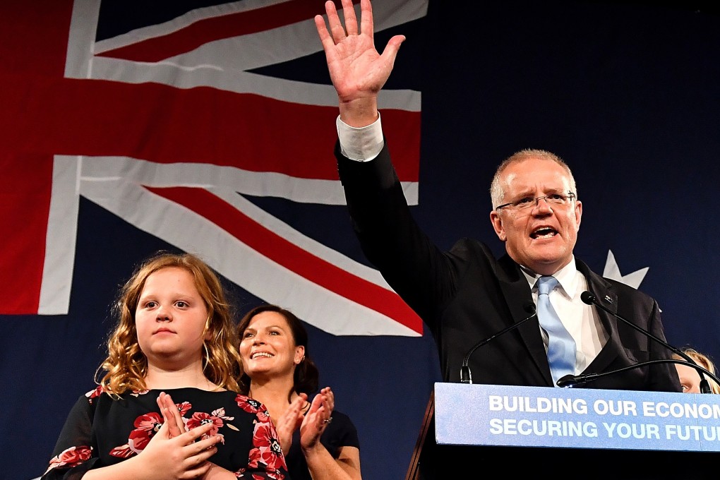Scott Morrison, Prime Minister of Australia and leader of the Liberal Party, delivers a victory speech accompanied by his family. Photo: EPA-EFE