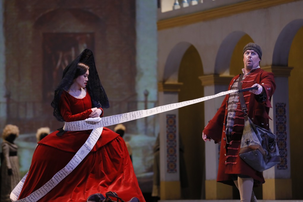 Leporello (Joseph Barron) and Donna Elvira (Louise Kwong) in a scene from Opera Hong Kong's production of Don Giovanni by director Jean-Louis Grinda. Photo: Opera Hong Kong