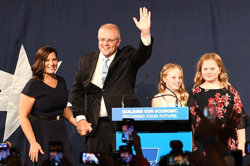 Scott Morrison, Prime Minister of Australia and leader of the Liberal Party, delivers a victory speech accompanied by his family. Photo: EPA-EFE