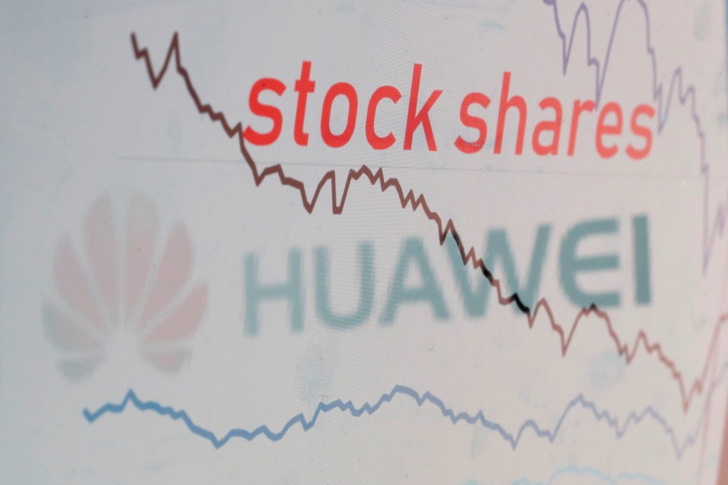 The Huawei logo reflected in a displayed stock graph in an illustration picture taken on Monday. Photo: Reuters