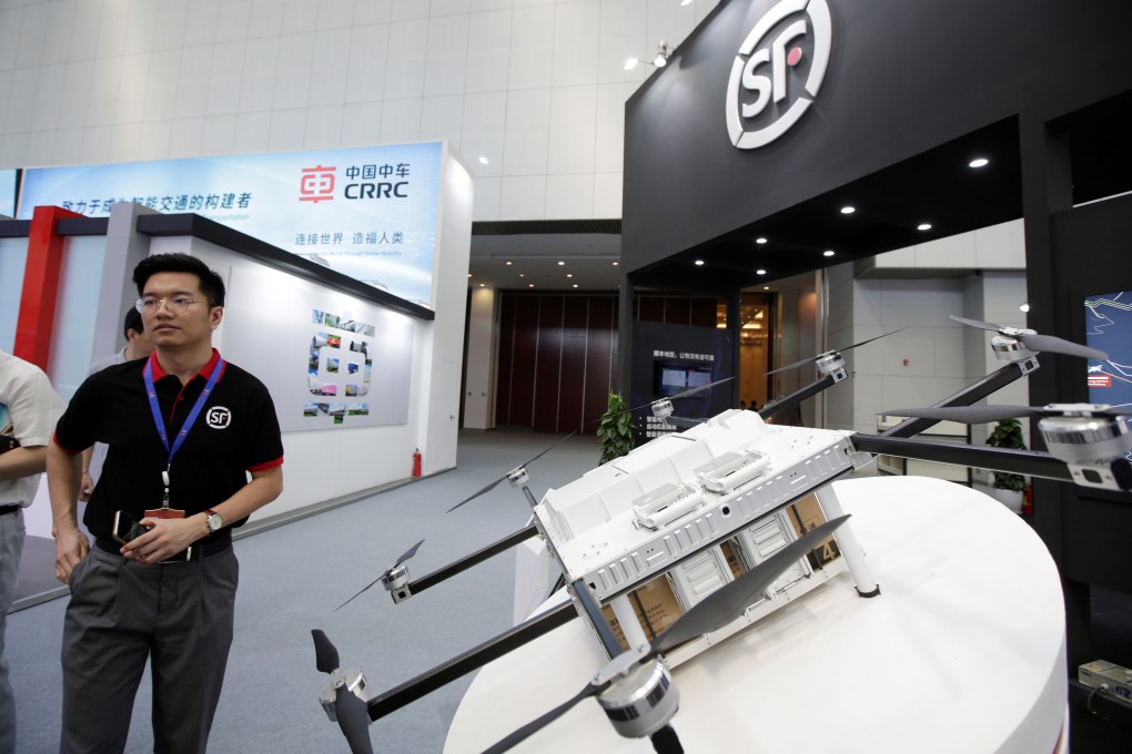 A drone on display at a World Intelligence Congress booth in Tianjin, China, on Thursday. Photo: Reuters