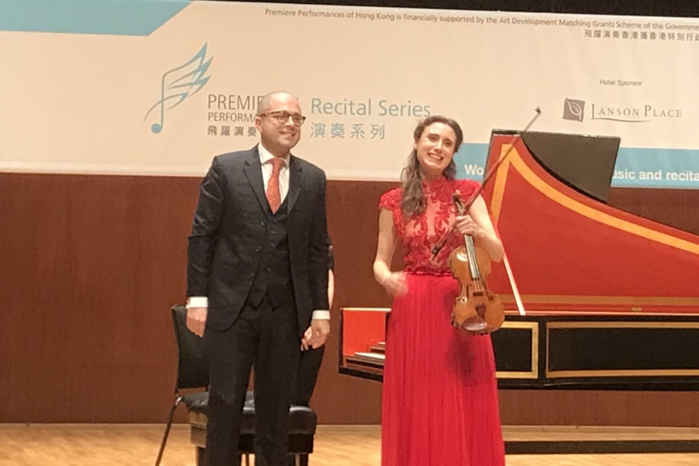 Violinist Jennifer Pike and Iranian-born harpsichordist Mahan Esfahani receive the applause of the audience at Hong Kong City Hall Concert Hall. Photo: Premiere Performances