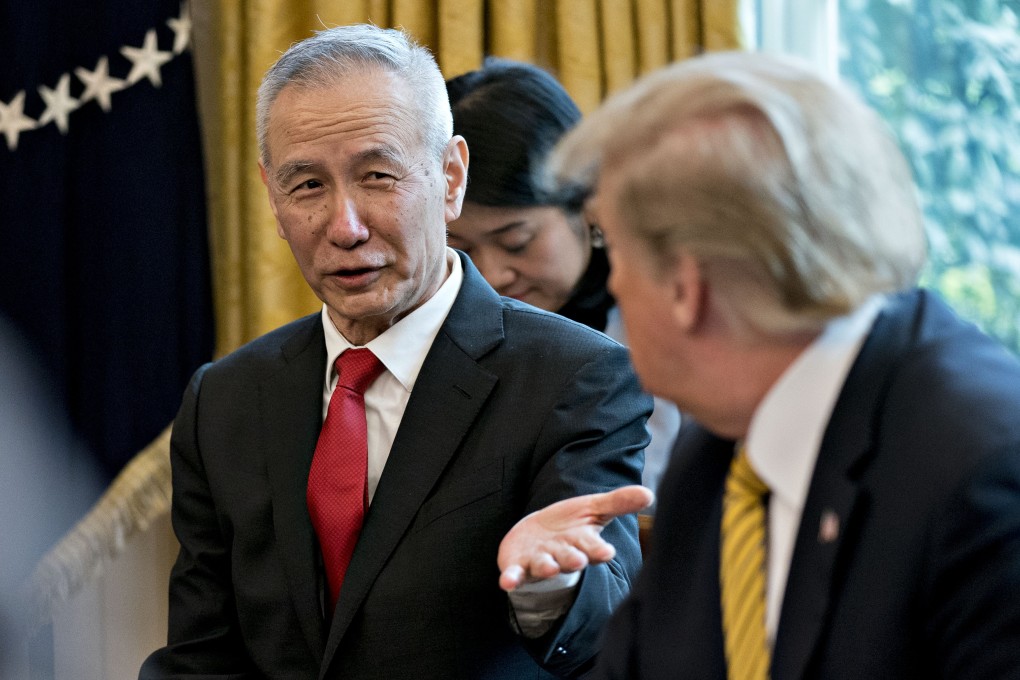 Chinese Vice-Premier Liu He talks to US President Donald Trump on April 4. Photo: Bloomberg
