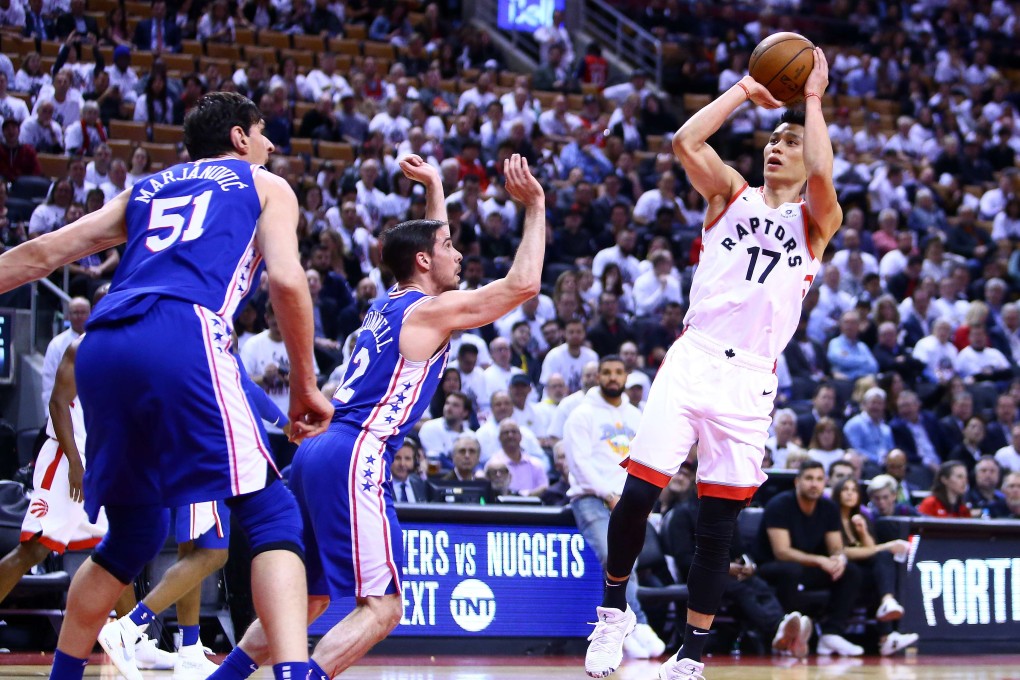 Jeremy Lin of the Toronto Raptors shoots the ball against the Philadelphia 76ers in game five of their second round clash in Toronto. Photo: AFP