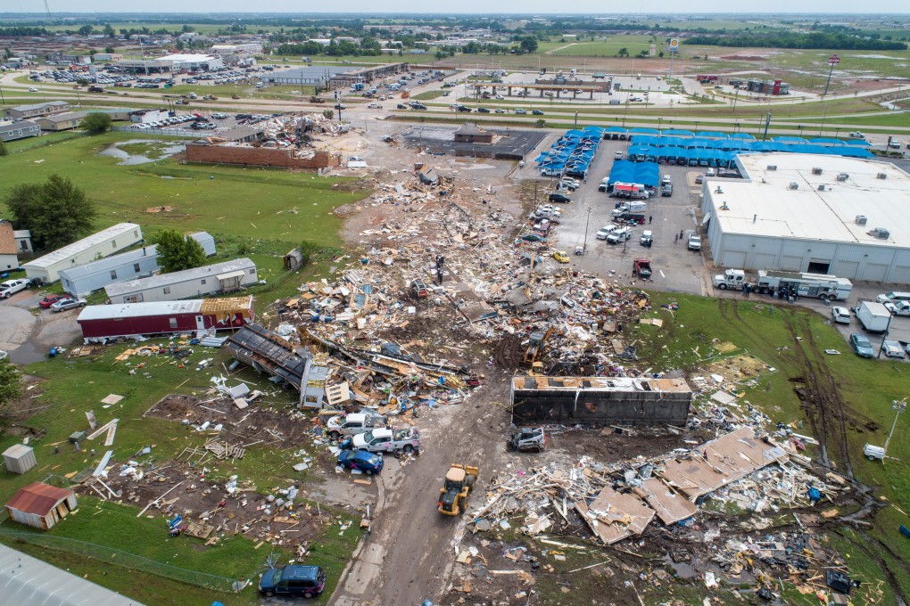 A path of destruction is seen through the American Budget Value Inn and Skyview Mobile Park Estates is seen in an aerial photo after a tornado touched down overnight in El Reno, Oklahoma, on Sunday. Photo: Reuters