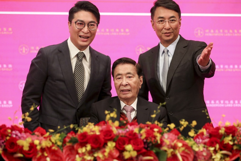 (From left) Henderson Land vice-chairman Martin Lee Ka-shing, chairman Lee Shau-kee and vice-chairman Peter Lee Ka-kit, attend the company’s annual general meeting on Tuesday, at the Mira Hong Kong, in Tsim Sha Tsui. Photo: Sam Tsang.