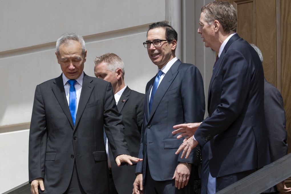 Chinese Vice-Premier Liu He says goodbye to US Treasury Secretary Steven Mnuchin (centre) and Trade Representative Robert Lighthizer after negotiations in Washington on May 10 – but the talks may already have been doomed. Photo: EPA-EFE