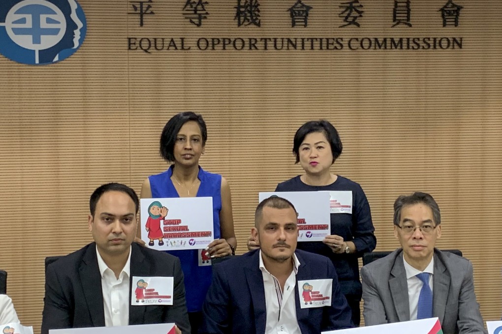 (From front left) Community leaders Jimmy Singh Baljinder, Rizwan Ullah and EOC member Ferrick Chu at a media session. Behind them are other representatives from ethnic minority groups. Photo: Victor Ting