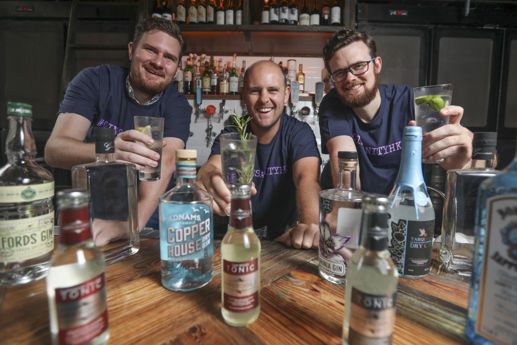 Ben Lee (centre) with fellow Ginsanity co-founders, brothers Mark (left) and Adam Brough, at BlackSalt Tavern, in Shek Tong Tsui. Photo: Xiaomei Chen