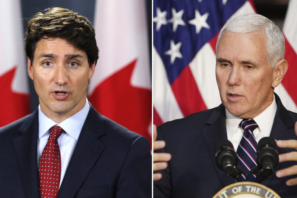 From left: Canadian Prime Minister Justin Trudeau and US Vice-President Mike Pence are expected to discuss China trade and Huawei when they meet in Ottawa on Thursday. Photo: AP/AFP