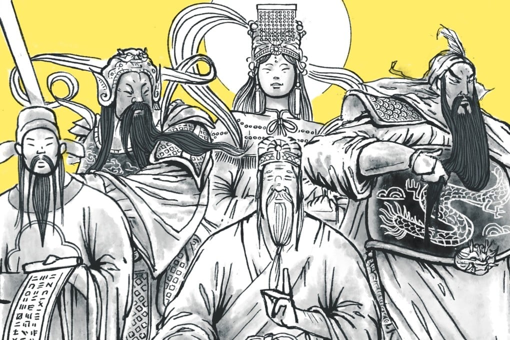 Immortals worshipped in Hong Kong culture (back, from left) Man Cheong, Pak Tai, Tin Hau, Mo Tai, and Wong Tai Sin in front. Art: Perry Tse