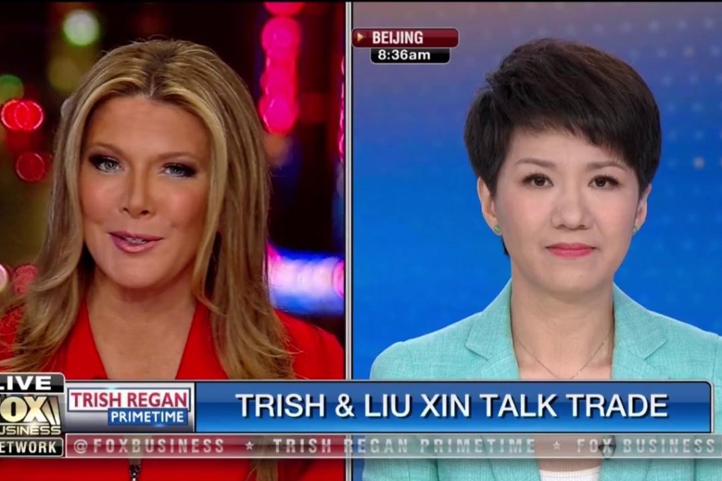 CGTN anchor Liu Xin (right) and Fox Business Network host Trish Regan engage in a live television discussion on the China-US trade war, on May 30. Photo: Twitter