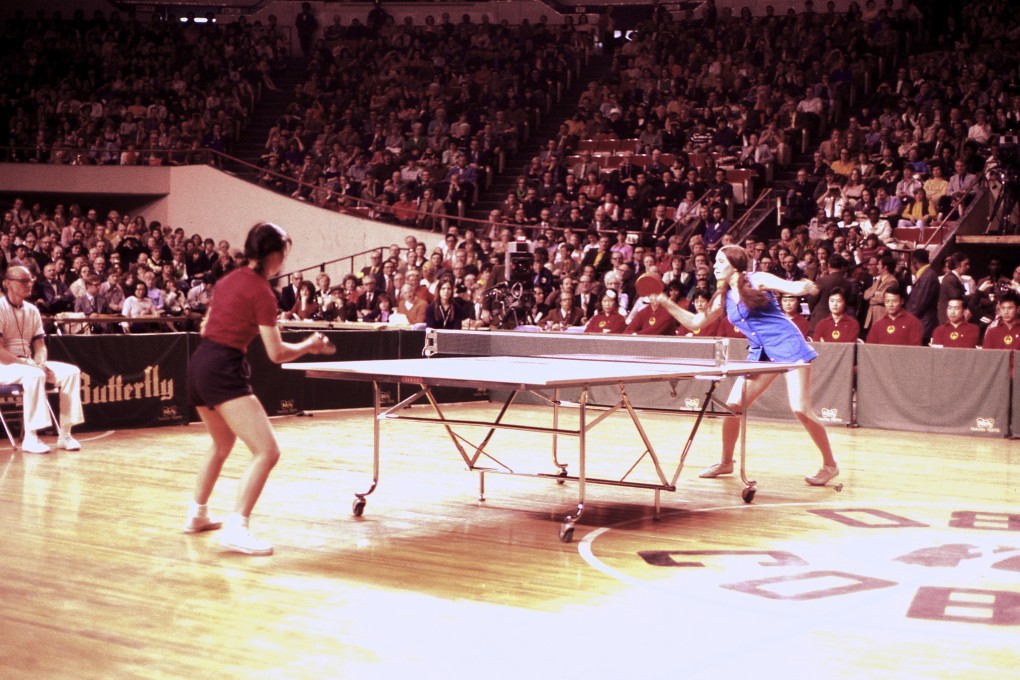 American Judy Bochenski plays a match against a member of the visiting Chinese table tennis team, in Cobo Hall, Detroit, in 1972. Photo: courtesy of Judy Hoarfrost