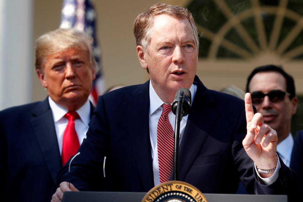US Trade Representative Robert Lighthizer is flanked by US President Donald Trump and Treasury Secretary Steven Mnuchin (right). Lighthizer and Mnuchin are the lead negotiators in trade talks with China. Photo: Reuters