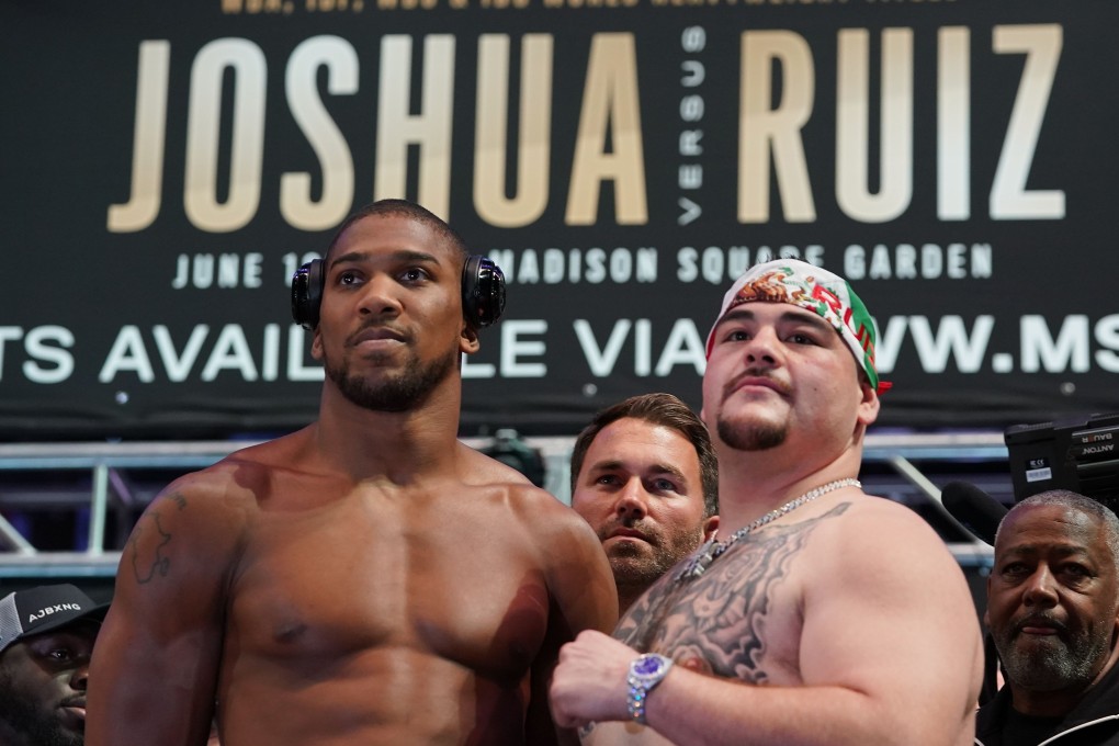 Britain’s Anthony Joshua and Mexican-American Andy Ruiz Jnr pose during their weigh-in at Madison Square Garden in New York. Photo: AFP
