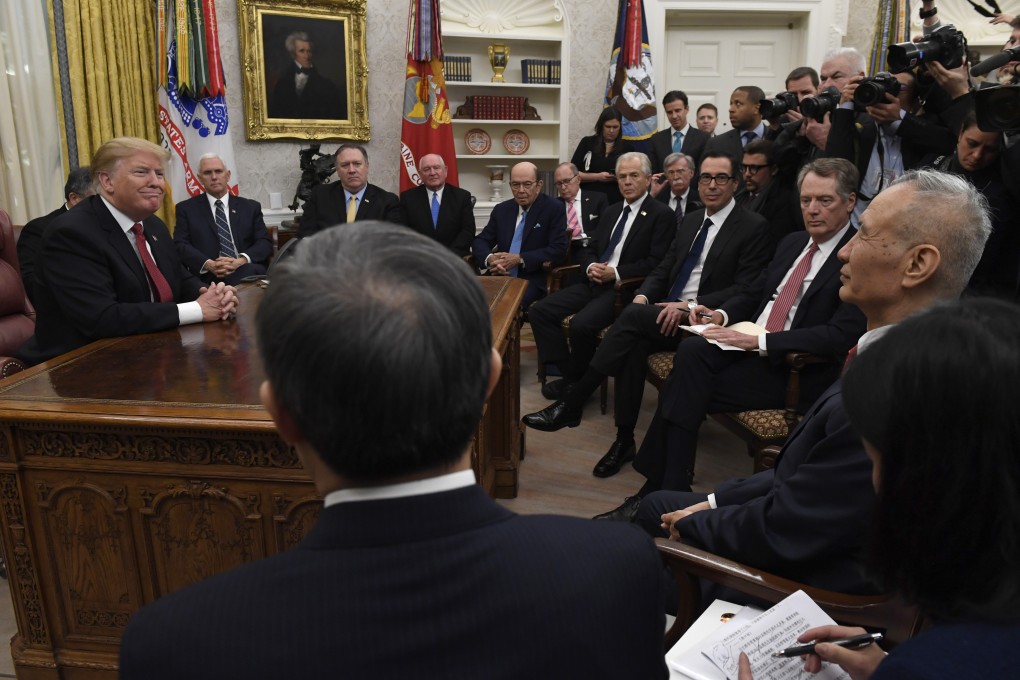 President Donald Trump (left) meets Chinese Vice Premier Liu He (right) in the Oval Office of the White House in Washington on January 31, along with key members of the Trump administration, many of whom favour a confrontational approach to China. Photo: AP