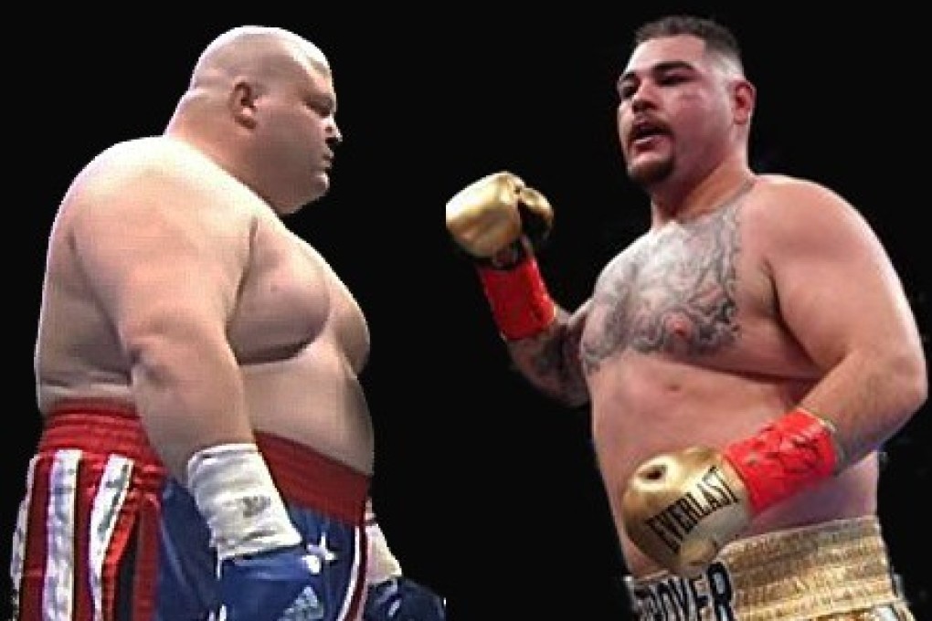 Andy Ruiz Jnr (right) has been compared to Eric “Butterbean” Esch by a TV sportscaster. Photo: YouTube/AFP
