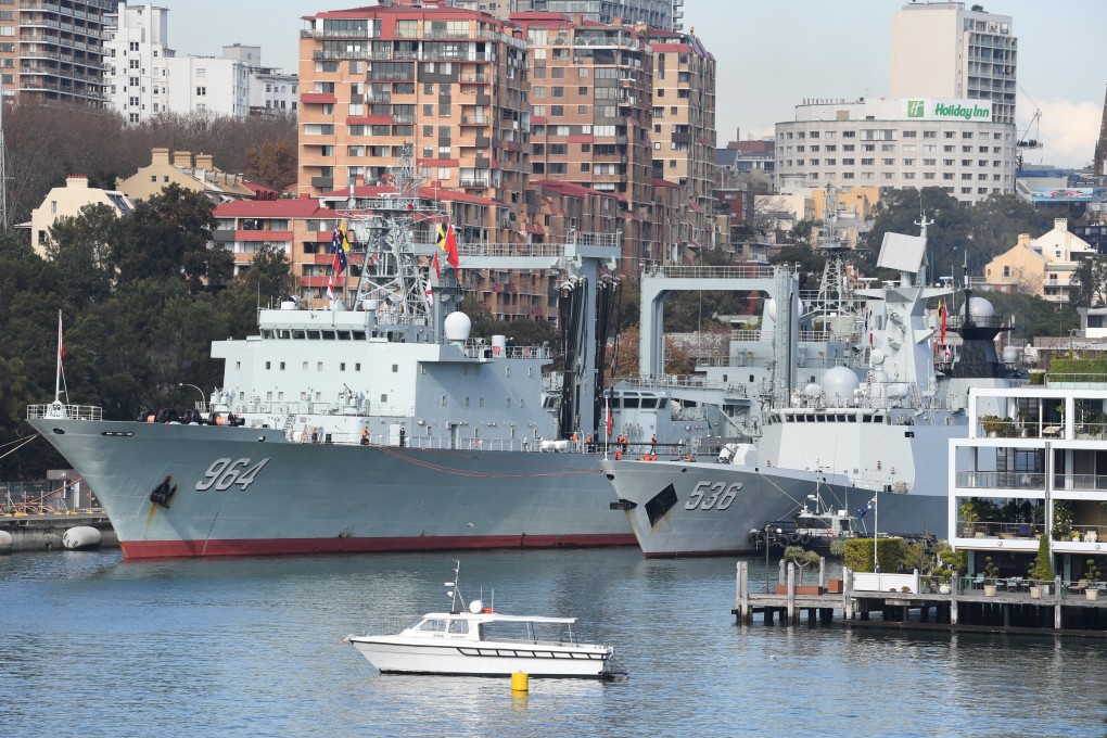 Two warships from the People’s Liberation Army Navy at Garden Island Naval Base in Sydney, Australia. Photo: EPA