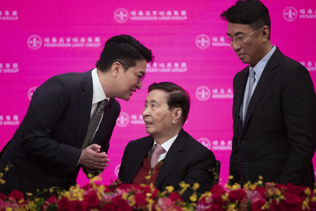 Among the new generation of property tycoons are Martin Lee Ka-shing (left) and his brother Peter Lee Ka-kit, seen with their father Lee Shau-kee, seated, at Henderson Land Development’s annual general meeting on May 28. Photo: Robert Ng