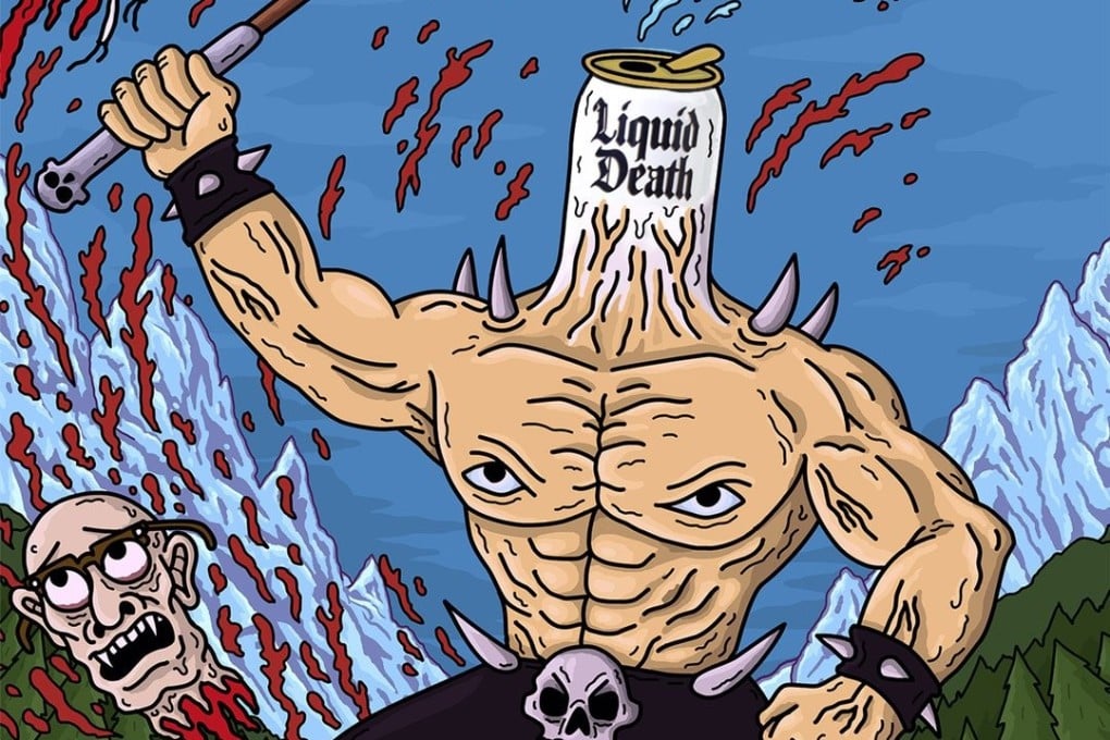 A still from the animated ad for Liquid Death water, which has the tagline ‘murder your thirst’.