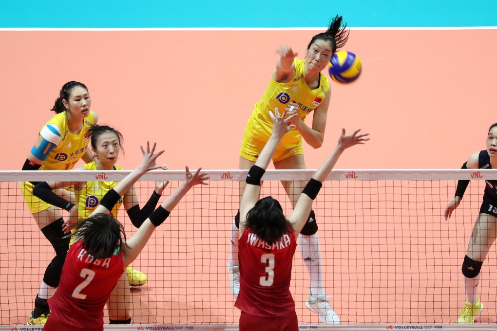 China’s Zhu Ting spikes against Japan in the FIVB Women’s Volleyball Nations League. Photos: K. Y. Cheng