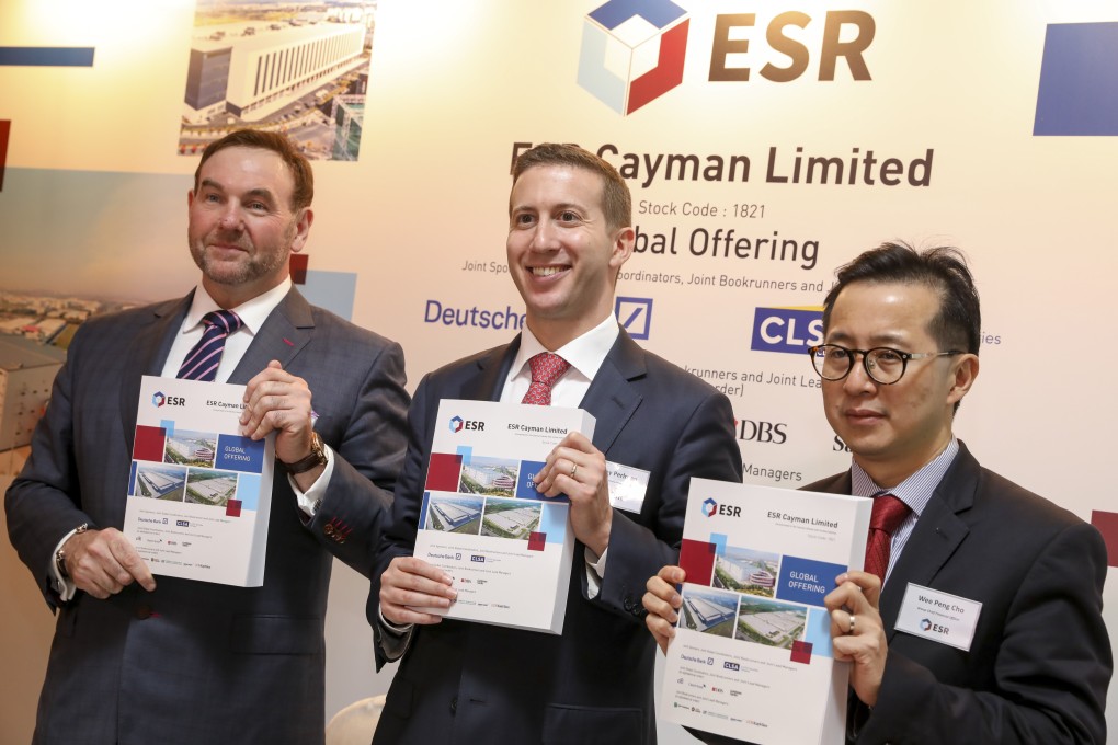 (From left) Stuart Gibson, co-founder and Co-CEO of ESR Cayman; chairman Jeffrey Perlman and group CFO Wee Peng Cho, at a press conference to announce the company’s IPO in Hong Kong, on Wednesday. Photo: K. Y. Cheng