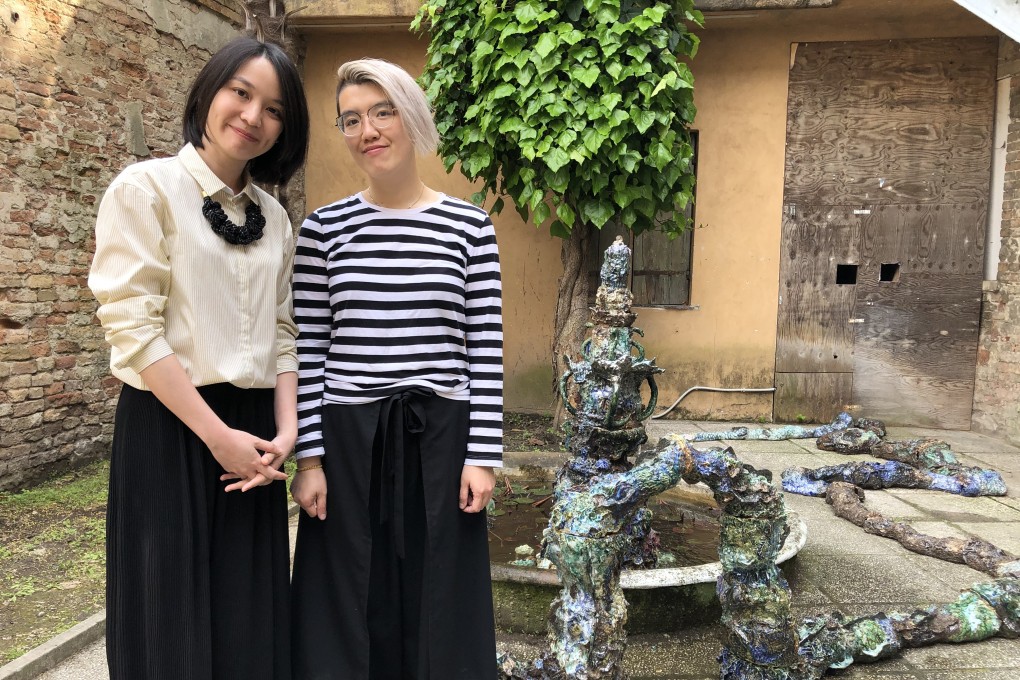 Curator Lam Sio-man (left) and artist Heidi Lau in the Macau pavilion at the 58th Venice Biennale. Lau’s exhibition considers the history and identity Macau’s casino expansion erased in her eyes. Photo: Enid Tsui