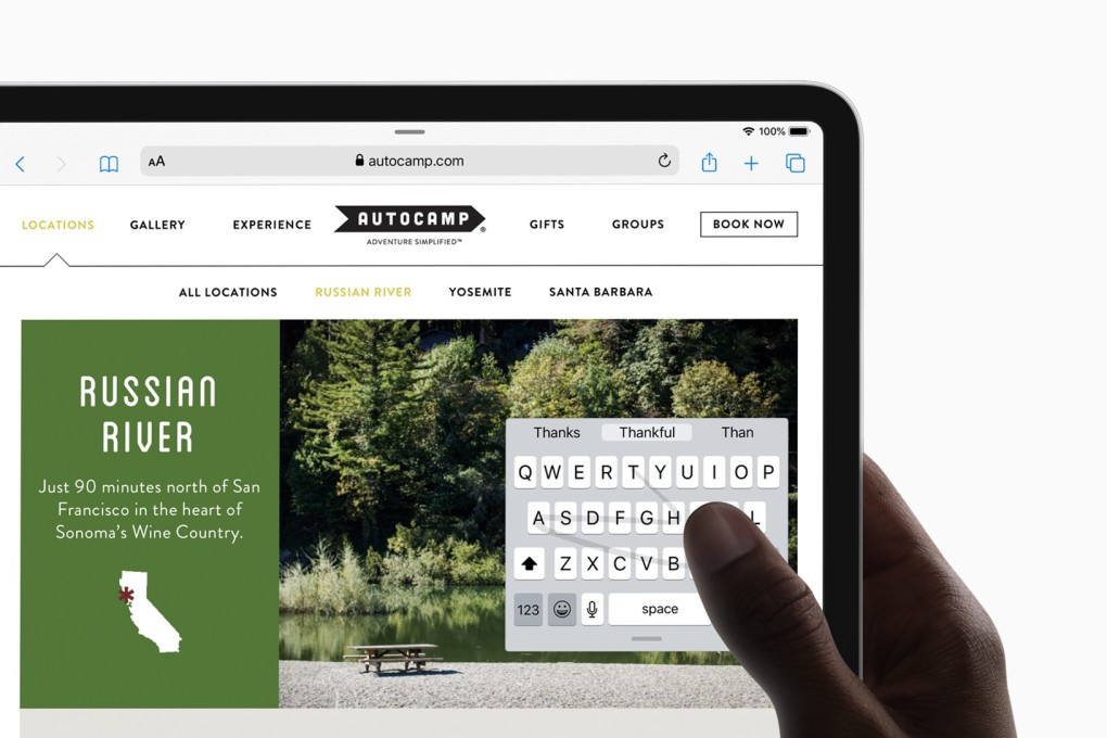 With iPadOS, the on-screen keyboard on the Apple iPad can shrink down to thumb size, with swipe typing supported. Photo: Apple