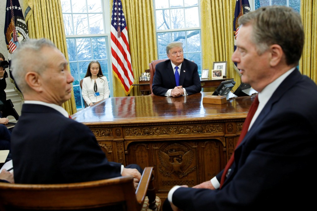 Donald Trump surprised Chinese Vice-Premier Liu He at a White House meeting in February when he told US Trade Representative Robert Lighthizer (right) that he was “not a fan of MOUs”. Photo: Reuters