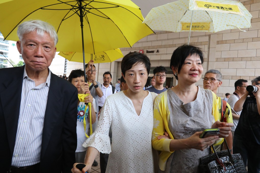 (Left to right) Reverend Chu Yiu-ming, Tanya Chan and former lawmaker Audrey Eu Yuet-mee outside West Kowloon Court on Monday. Photo: Felix Wong