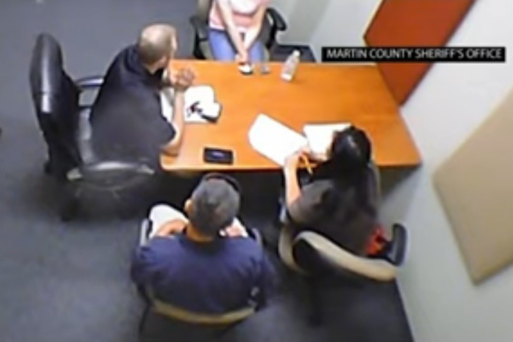 A screen grab from a video of Florida law enforcement officers interviewing a Chinese masseuse (top). Photo: AP