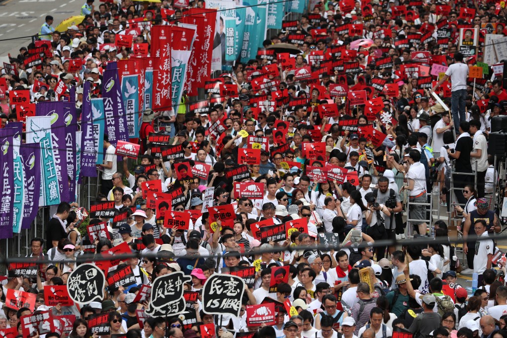 Protesters at the rally against the extradition bill on Sunday. Photo: Robert Ng
