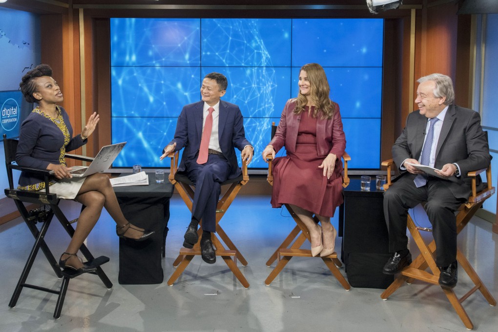 From left, moderator Femi Oke, Alibaba Group Holding’ Jack Ma, Melinda Gates and United Nations Secretary-General António Guterres conduct a live panel discussion on digital cooperation in a television studio at UN headquarters on June 10, 2019. Photo: AP
